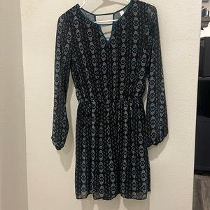 Cinched waist Patterned Knee Length Dress with Puff long sleeves